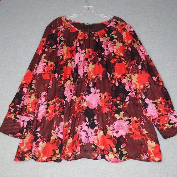 Lane Bryant 22 Accordion Floral Spring Lined Key Hole Blouse Chiffon Red Pink - Picture 2 of 15
